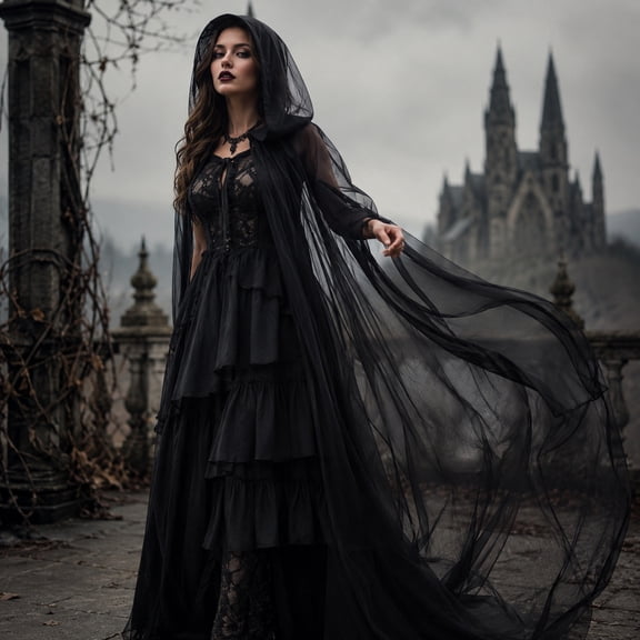 Halloween Hooded Cape Costume, Sheer Mesh Cloak for Women and Men, Witch Style Long Dress Up Cape for Masquerade Parties, Costume Events, Stage Shows and Seasonal Gatherings