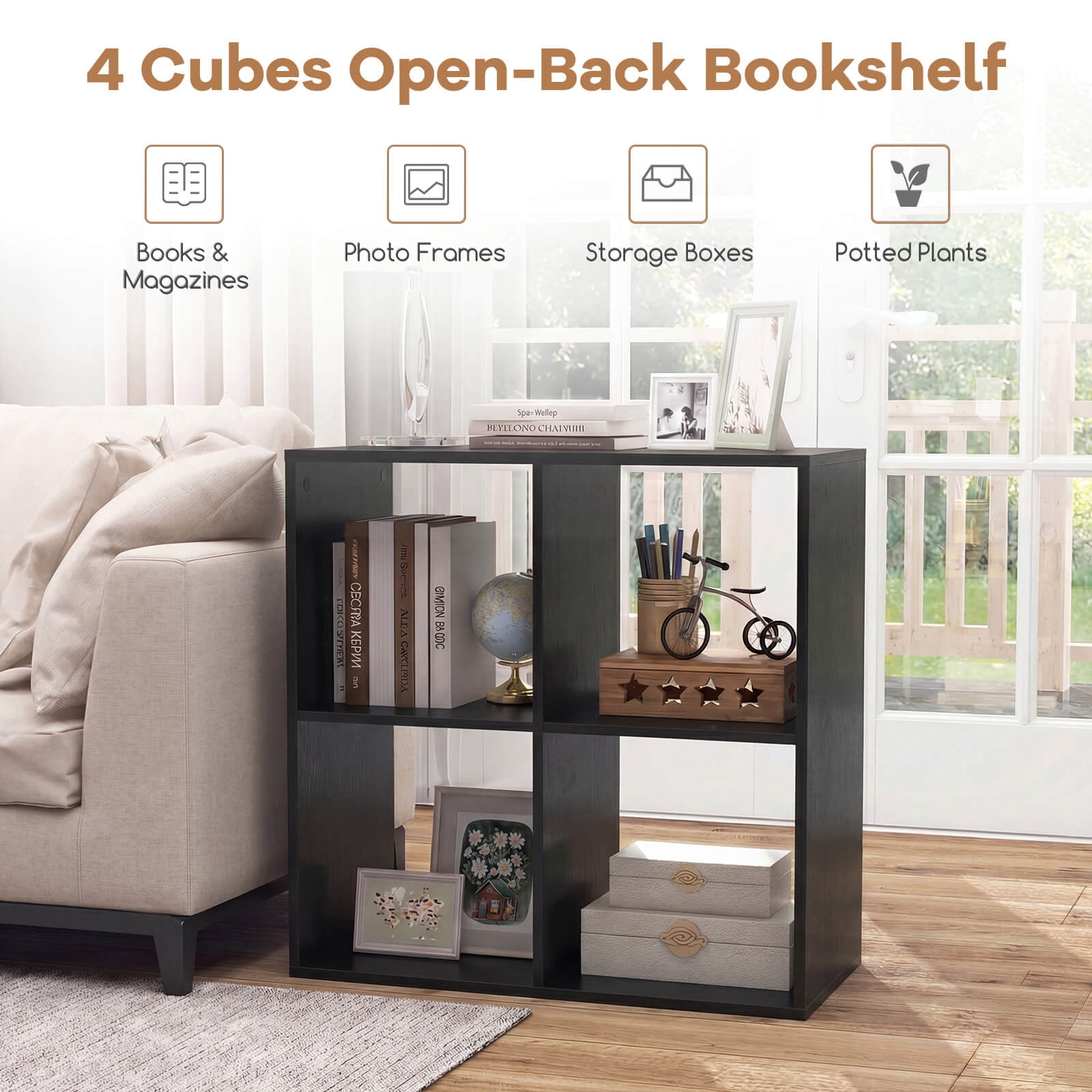 Costway 4-Cube Open Bookshelf with Anti-tip Kits Home Modern Style Storage Shelf for Study Black