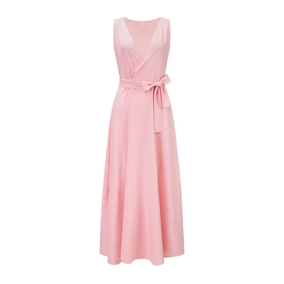 DHFJKG Summer Dresses Women Wedding Guest Dress Sleeveless Solid Color V Neck Belted Long Dress Comfortable Daily Wear Trendy Dresses