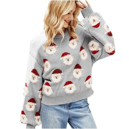 

QIPOPIQ Shirts for Women ClearanceWomen s Christmas Santa Claus Print Round-Neck Long Sleeve Sweater Tops
