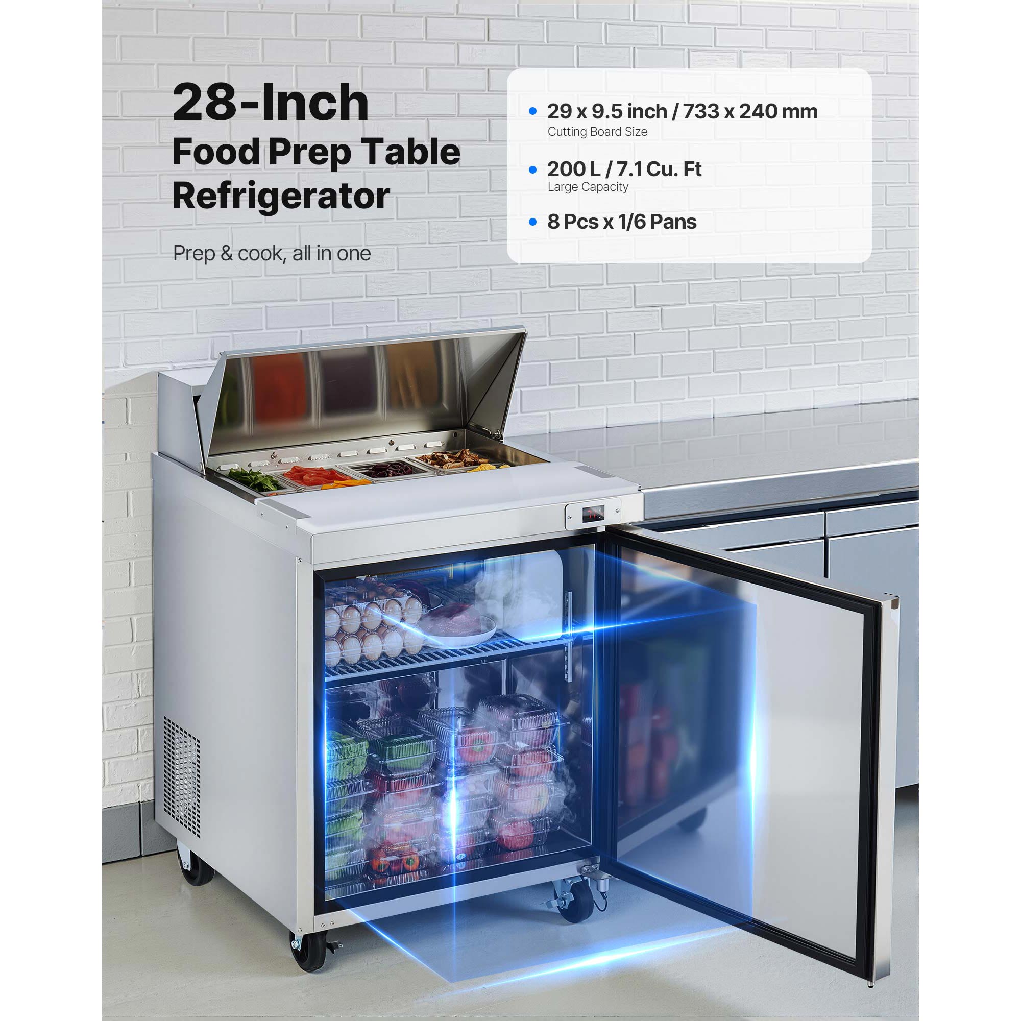 KFFKFF 28"W Commercial Refrigerator, 7.1 Cu. Ft Sandwich Prep Table, Food Prep Fridge with 8 Pans and Cutting Board, Stainless Steel Salad Cooler for Restaurant and Food Truck