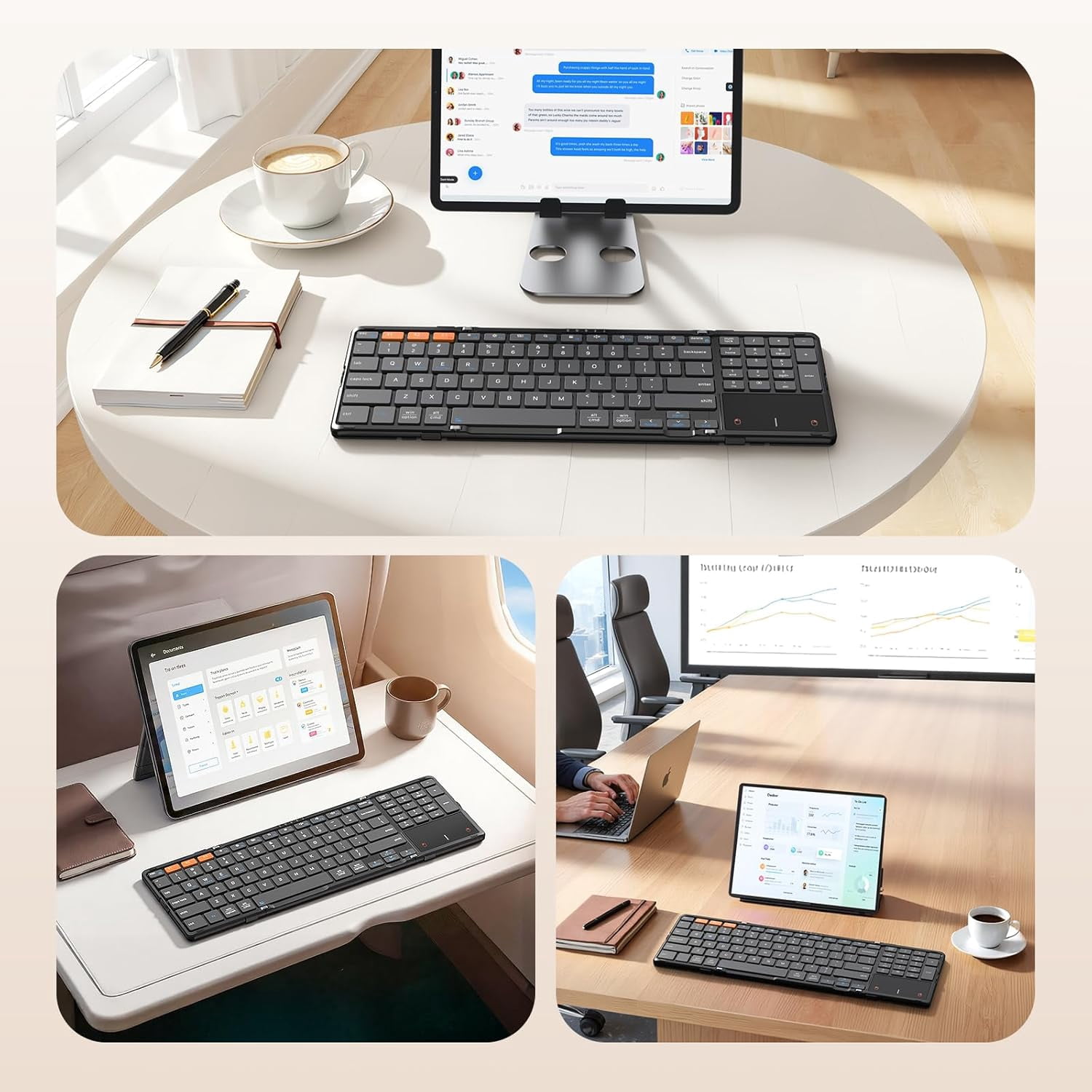 Meetion Foldable Bluetooth Keyboard, Full Size with Number Pad & Touchpad, Rechargeable for Travel