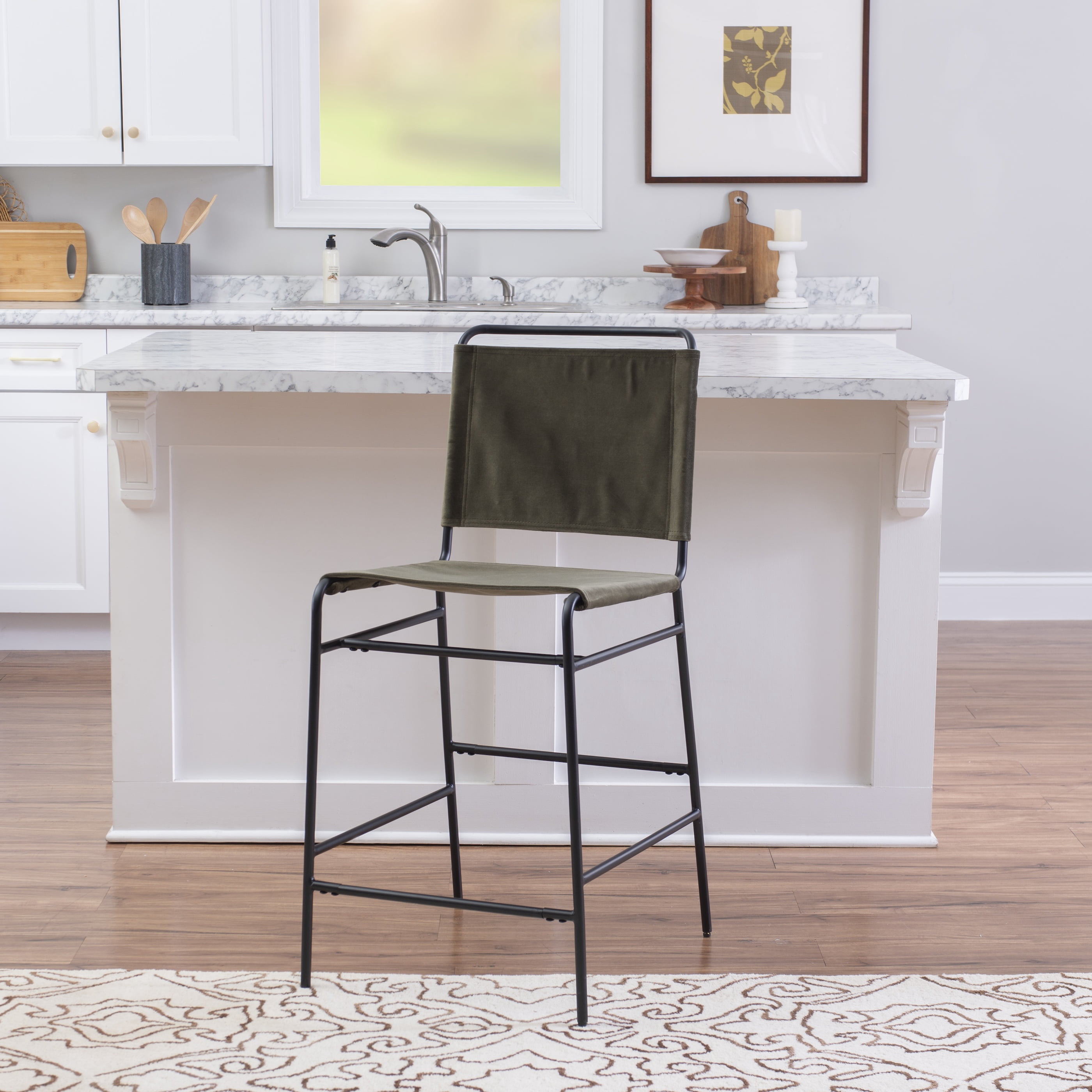 Linon Willey Counter Stool Forest Green Velvet Sling Seat Steel Frame in Black