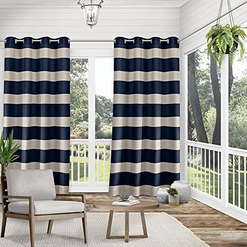 Exclusive Home Curtains Cabana Stripe Indoor/Outdoor Light Filtering Grommet Top Curtain Panels, 54"x108", Navy, Set of 2