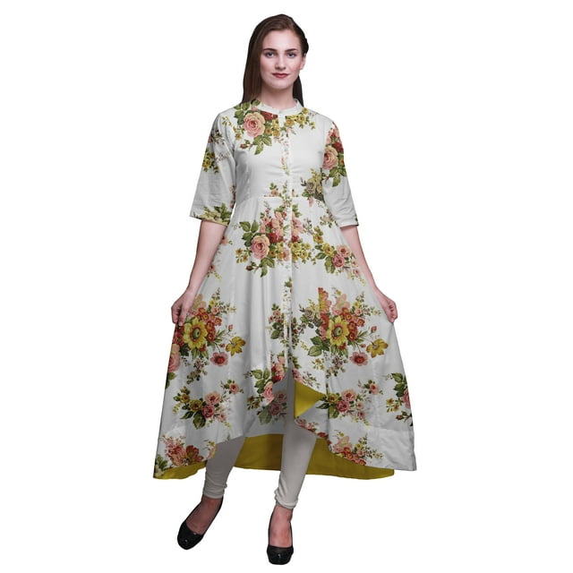 Bimba Kurtis Indiennes Blanches à Motif Floral de Roses pour Femmes, Kurti Anarkali Imprimé, Tunique Longue Asymétrique Coupe Régulière - Très Petit