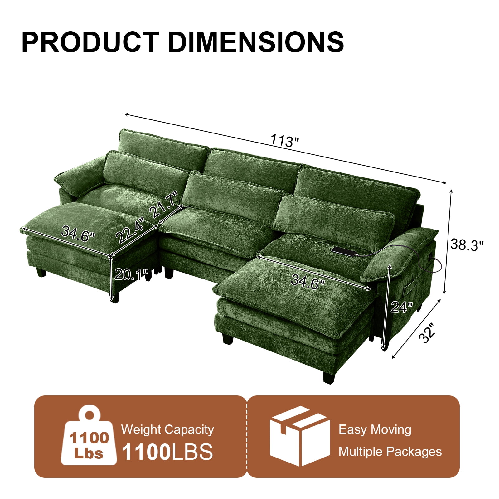 113'' Modular Sectional Sofa,U Shaped Couch with Movable Ottoman, Convertible Sectional Couches with Deep Seat, 3 Seat for Living Room Comfy Cloud Sofa with USB Side Pockets & Charging(Green)