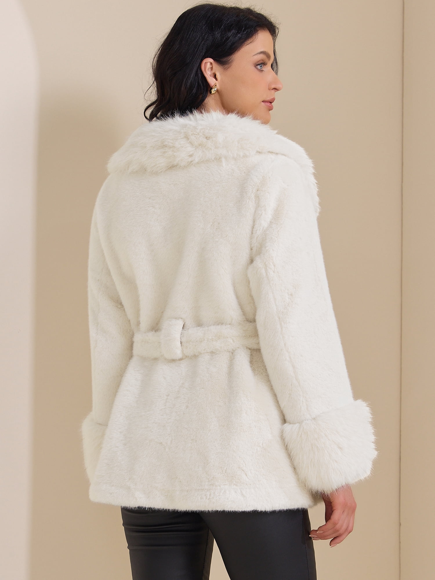 DARING DIVA Women's Faux Fur Long Sleeve Lapel Shaggy Jacket With Pockets L White