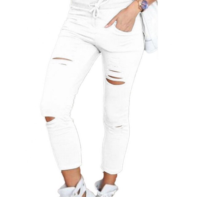 Women Pants Solid Color Drawstring High Waist Pencil Pants Ripped Skinny Leggings