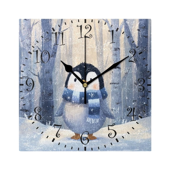 7.78in Square Artistic Wall Clock Dual-Purpose Tabletop & Hanging Decor Silent Non-Ticking Clocks for Home Office Cute Penguin in Winter