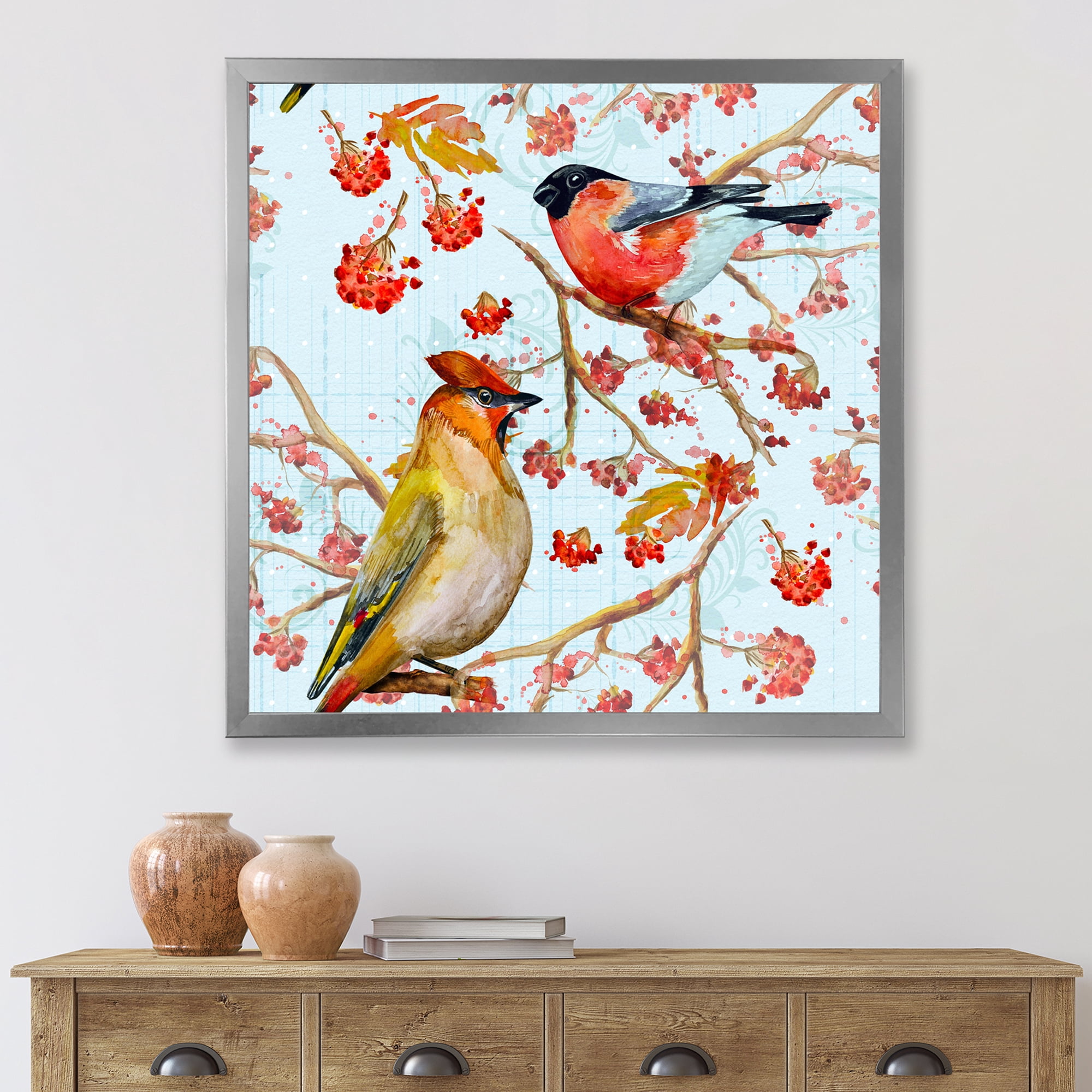 Two Birds Sitting On Branches During Autumn 30 in x 30 in Framed Painting Canvas Art Print, by Designart