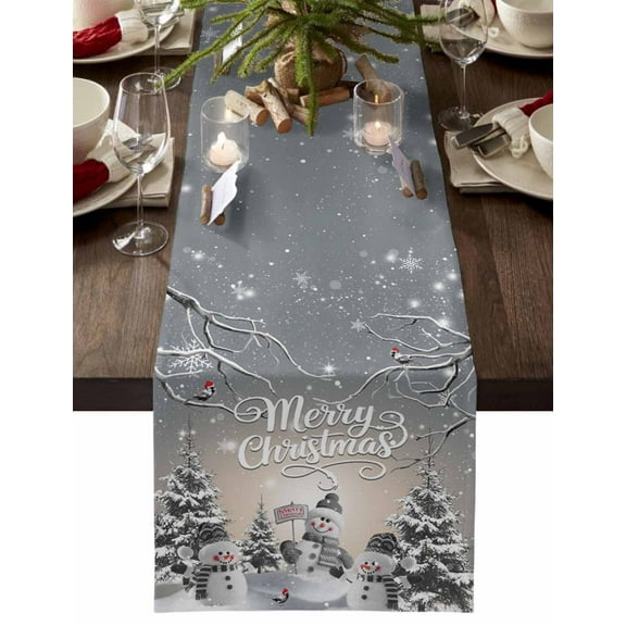 Merry Christmas Dresser Scarf Farmhouse, Dining Table Decorations for Wedding/Parties, Grey Snowman Snowflake Xmas Tree Winter Table Runner 72 Inches Long for Kitchen Dining, 13 x 72 In