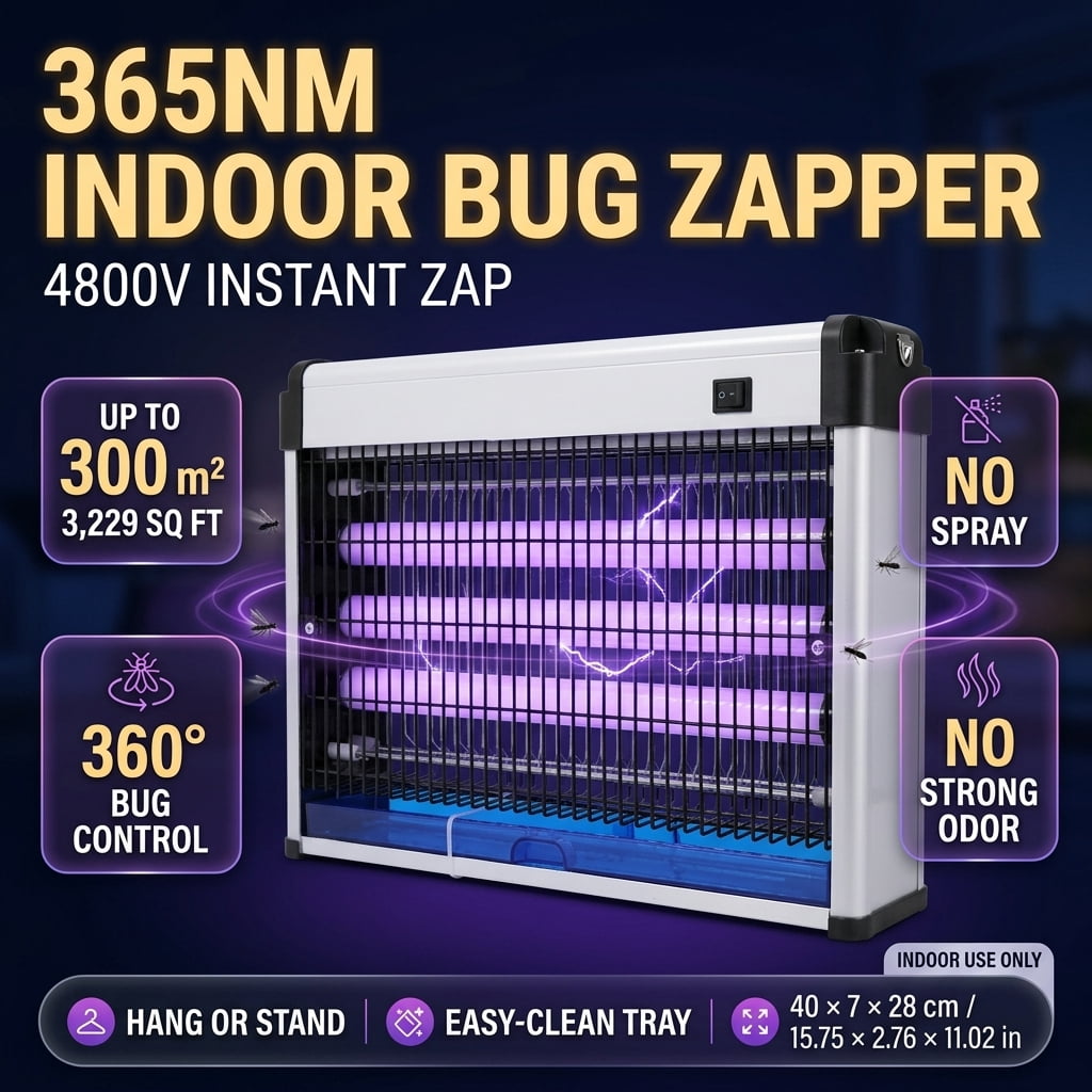 Electric Mosquito Killer 365Nm 4800V, Indoor Bug Zapper And Fly Trap With 300M² Wide Coverage And 360° Bug Control, No Spray No Strong Odor, Protective Outer Grid And Easy-Clean Tray, Targets Mosquit