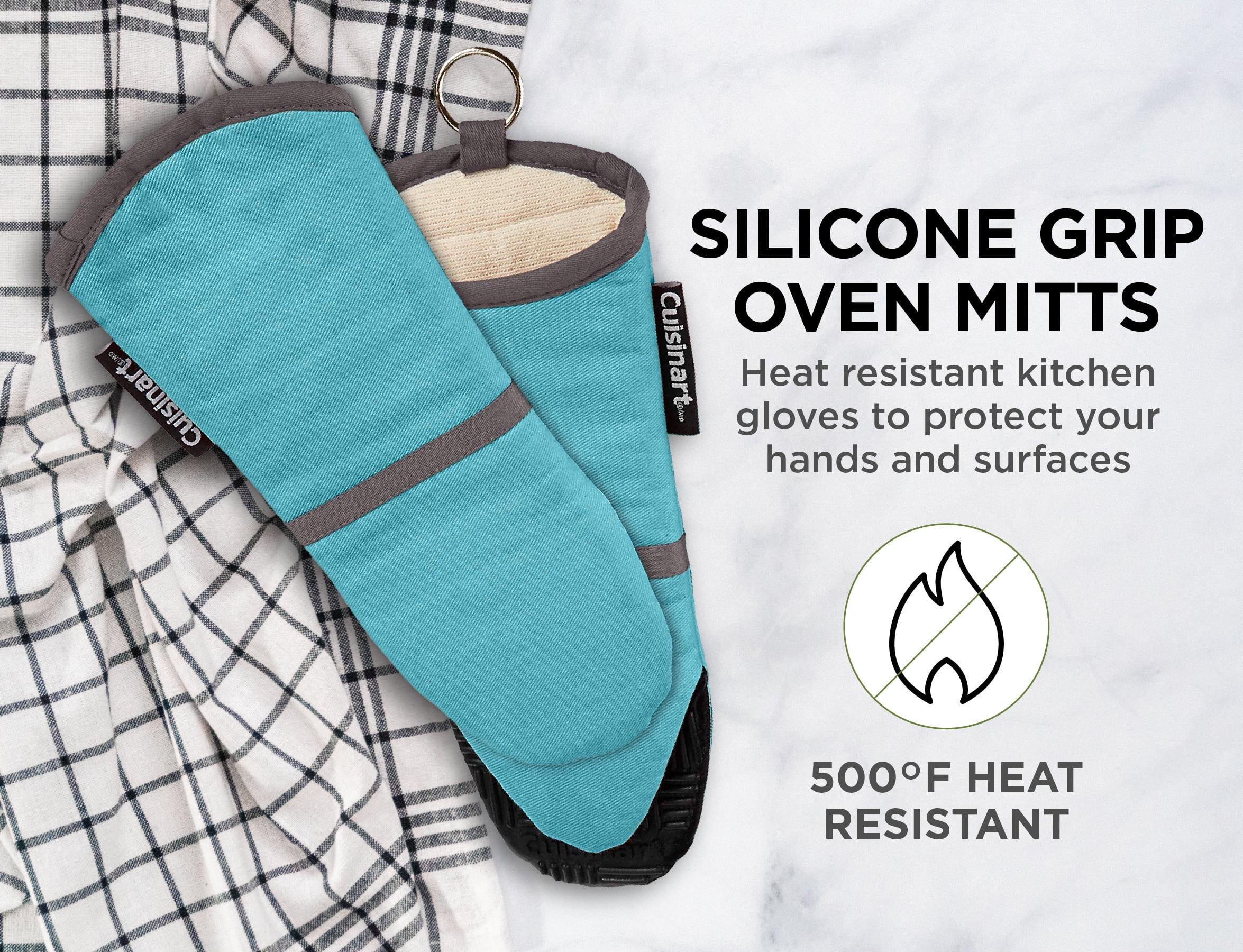Pack of 2 Mitts Soft Insulated Deep Pockets Green Cuisinart Silicone Oven Mitts / Gloves Non-Slip Grip and Convenient Hanging Loop Heat Resistant Handle Hot Oven / Cooking Items Safely 
