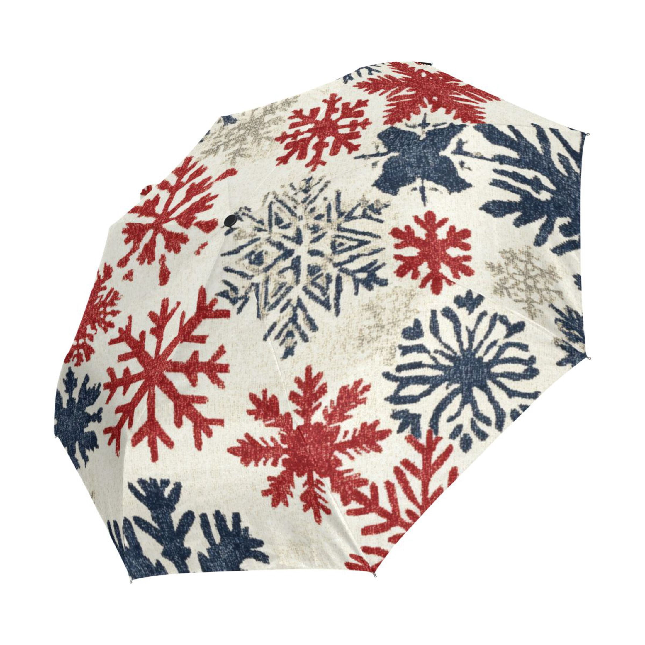 YAZAOO One-Touch Auto Open Close Rain Umbrella With Creative Red White and Blue Snowflakes Pattern