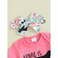 thumbnail image 6 of FEORJGP Infant Baby Girl Summer Shorts Set Newborn 3M 6M 12M 18M Short Sleeve Romper Letter Print Jumpsuit Crew Neck Bodysuit Graphic T-shirt with Anin Shorts and Headband Casual Cute Outfit, 6 of 9