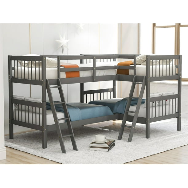 LShaped Quad Bunk Bed, Twin Over Twin Loft Bunk Bed with Angle Ladder