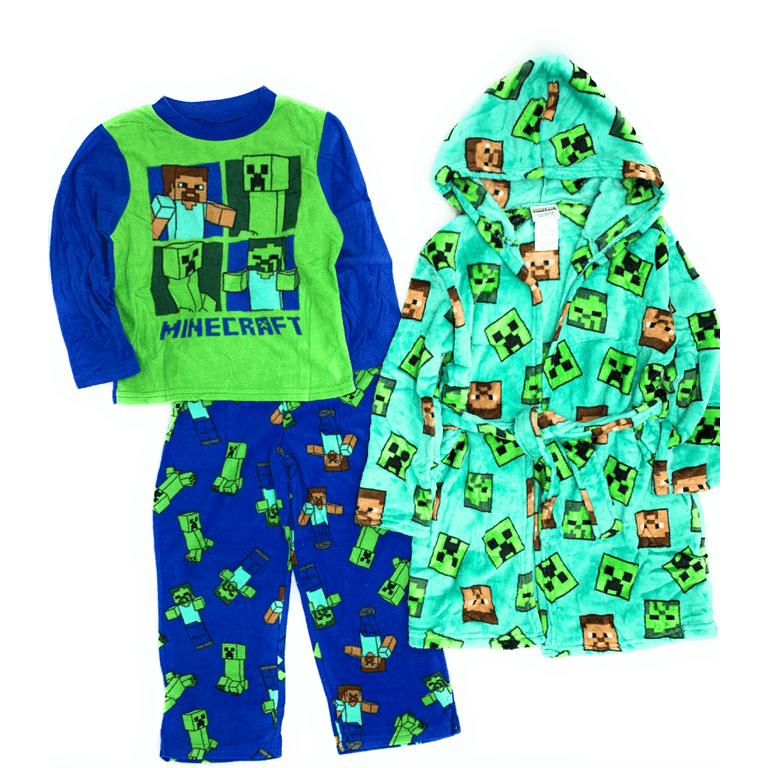 Boys Minecraft 3 Piece Fleece Pajama Set with Hooded Bathrobe Sizes 6 8 and 10