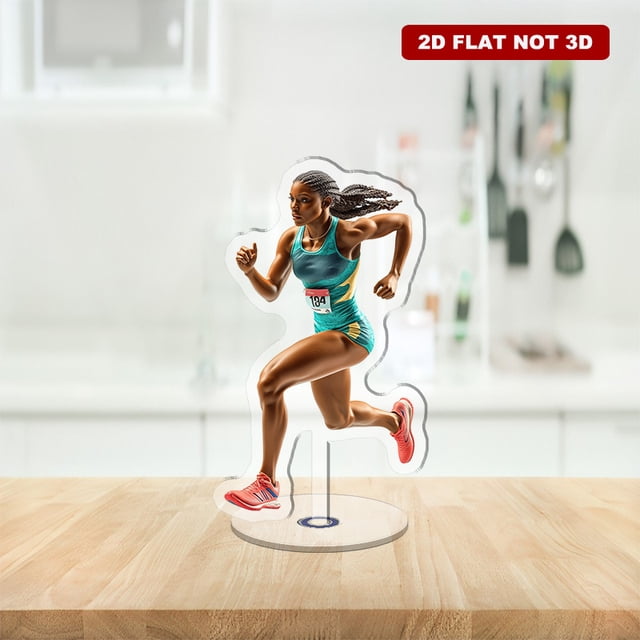 Rotating acrylic display features a runner accelerating in the final stretch with vibrant colors and intricate details against a white background, emphasizing her determination