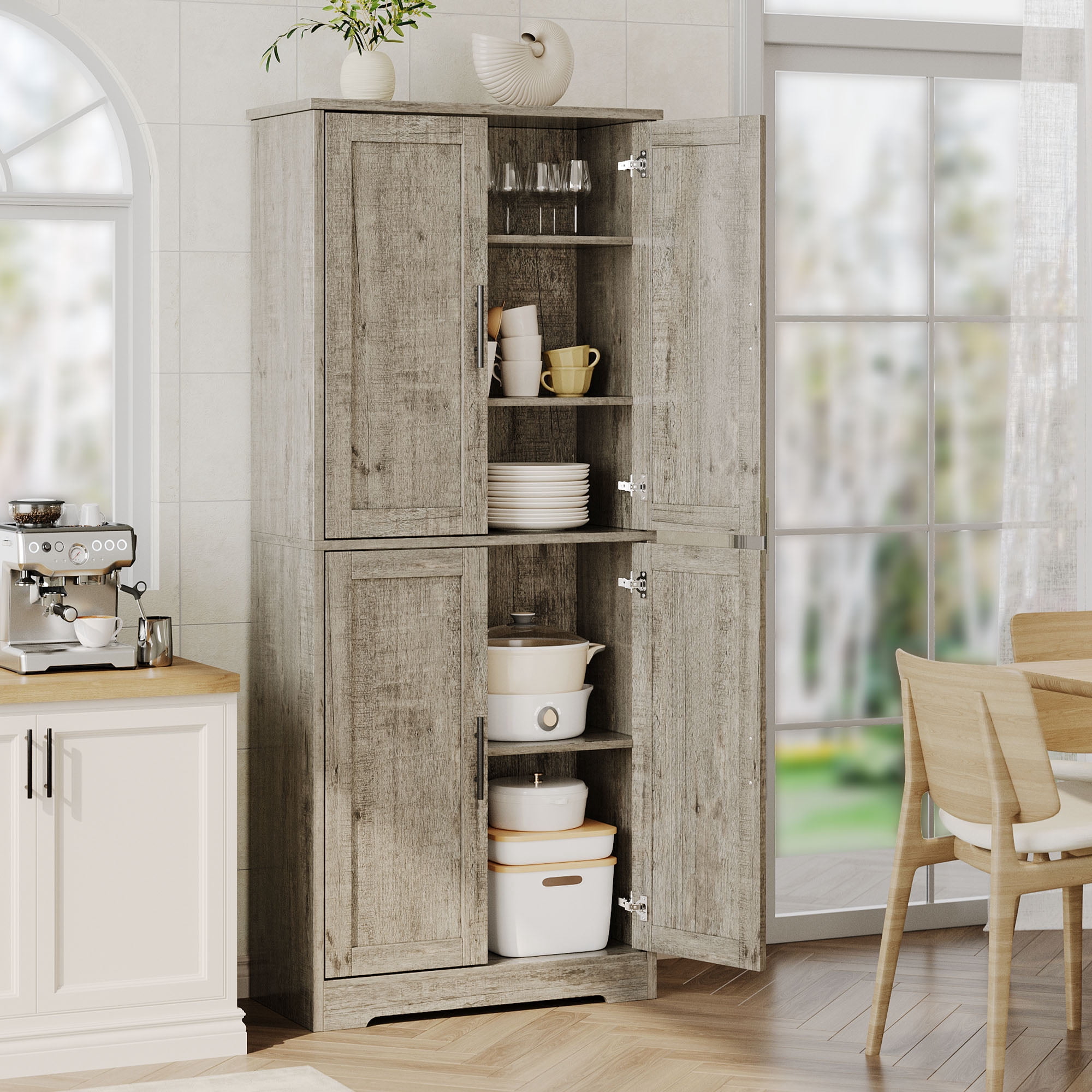 Modern Tall Freestanding Pantry Cabinet, Multipurpose Home Organizer – 70" Storage Cupboard with 4 Doors, Adjustable Shelves, Open Shelf – for Living Room, Bedroom, Bathroom – New Gray