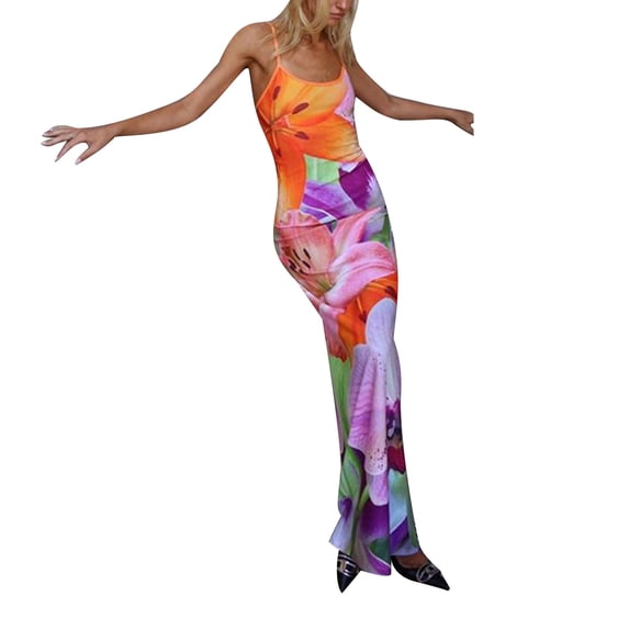Biekopu Women's Summer Sling Dress, Sleeveless Backless Low Cut Floral Spaghetti Strap Long Dress,Casual Party WearS/M/L