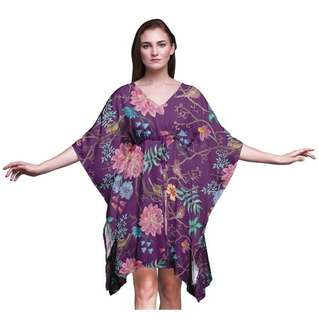 Bimba Flower Beach Kaftan Bikini Cover up Womenâs Midi Dress Short Caftan-XL-3X Dark Purple