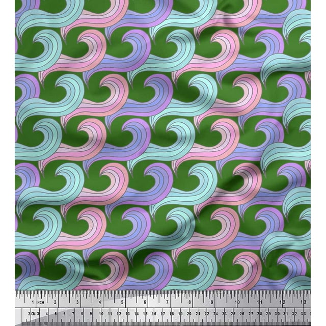 Soimoi Green Silk Fabric Artistic Waves Abstract Printed Fabric 1 Yard 42 Inch Wide