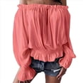 thumbnail image 3 of Blusas Elegantes con Hombros Descubiertos para Mujer, de Larga, con Volantes y Cintura Fruncida, Informales, para Fiesta, Grandes. Rosa XXL, 3 of 8