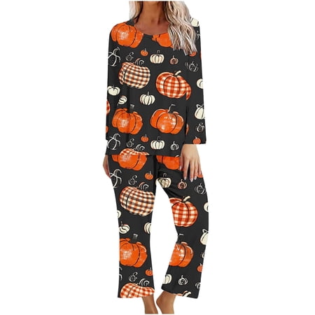 WFJCJPAF 2025 New Halloween Halloween Pajamas Adult Ladies Halloween Printed Casual Top Pants Pajama Set - Orange M
