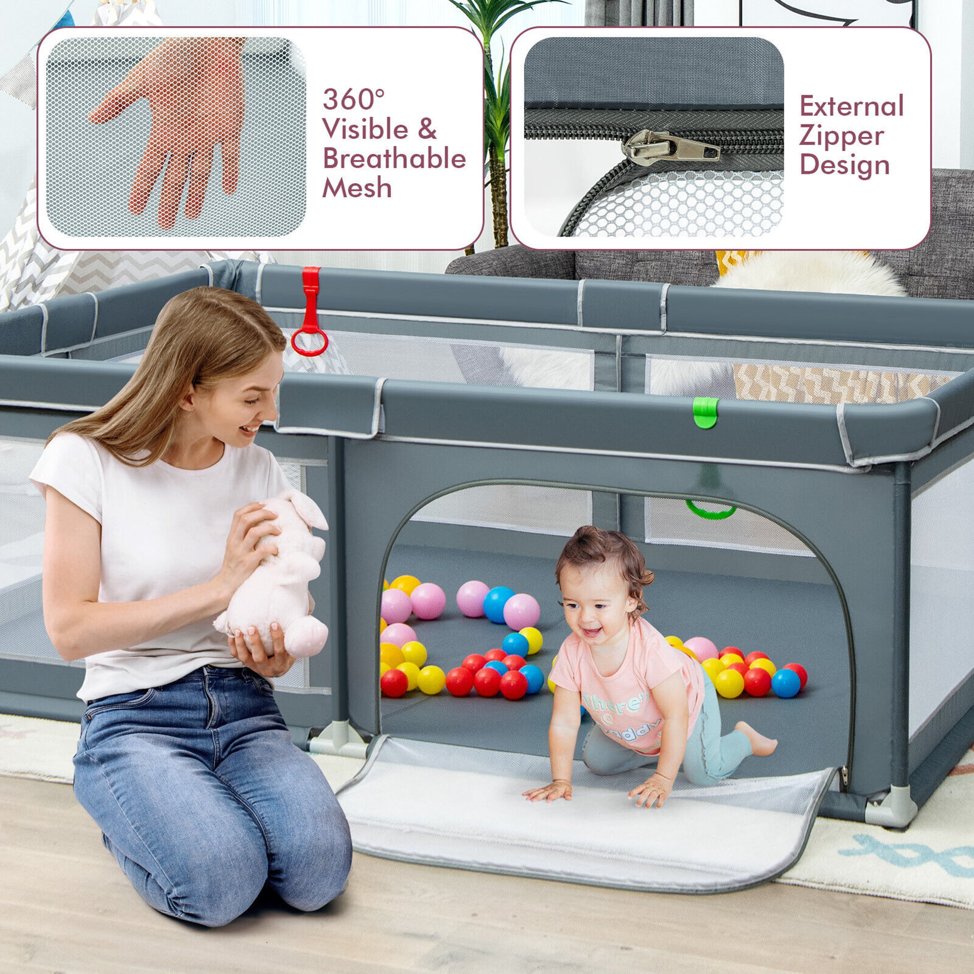 Gymax Baby Playpen Extra-Large Safety Baby Fence w/ Ocean Balls & Rings Dark Grey