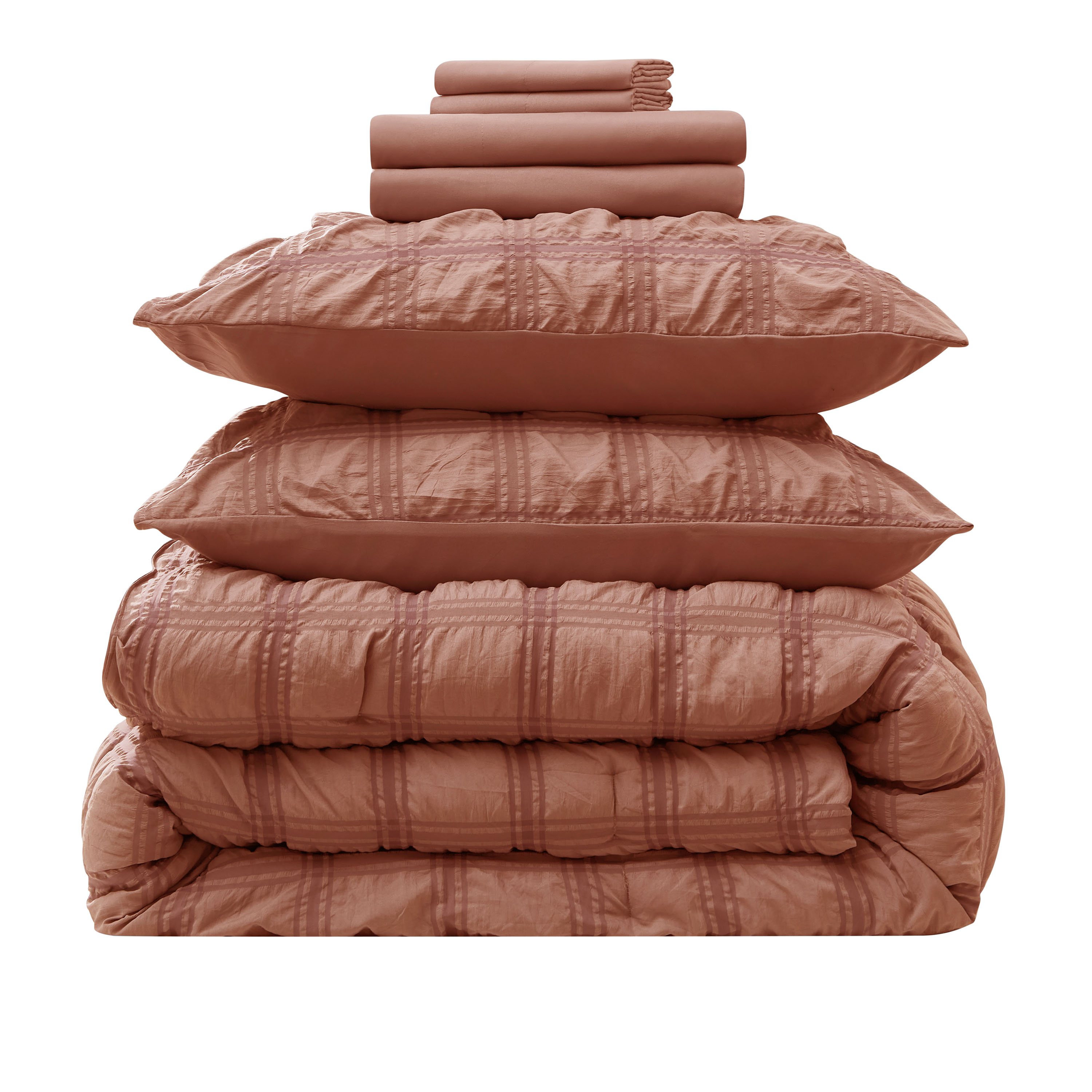 LammaLoe King Size Comforter Sets, 7 Piece Seersucker Bed in a Bag, Bedding Comforter Set with Sheets, Modern Bed Set, Mocha Brown