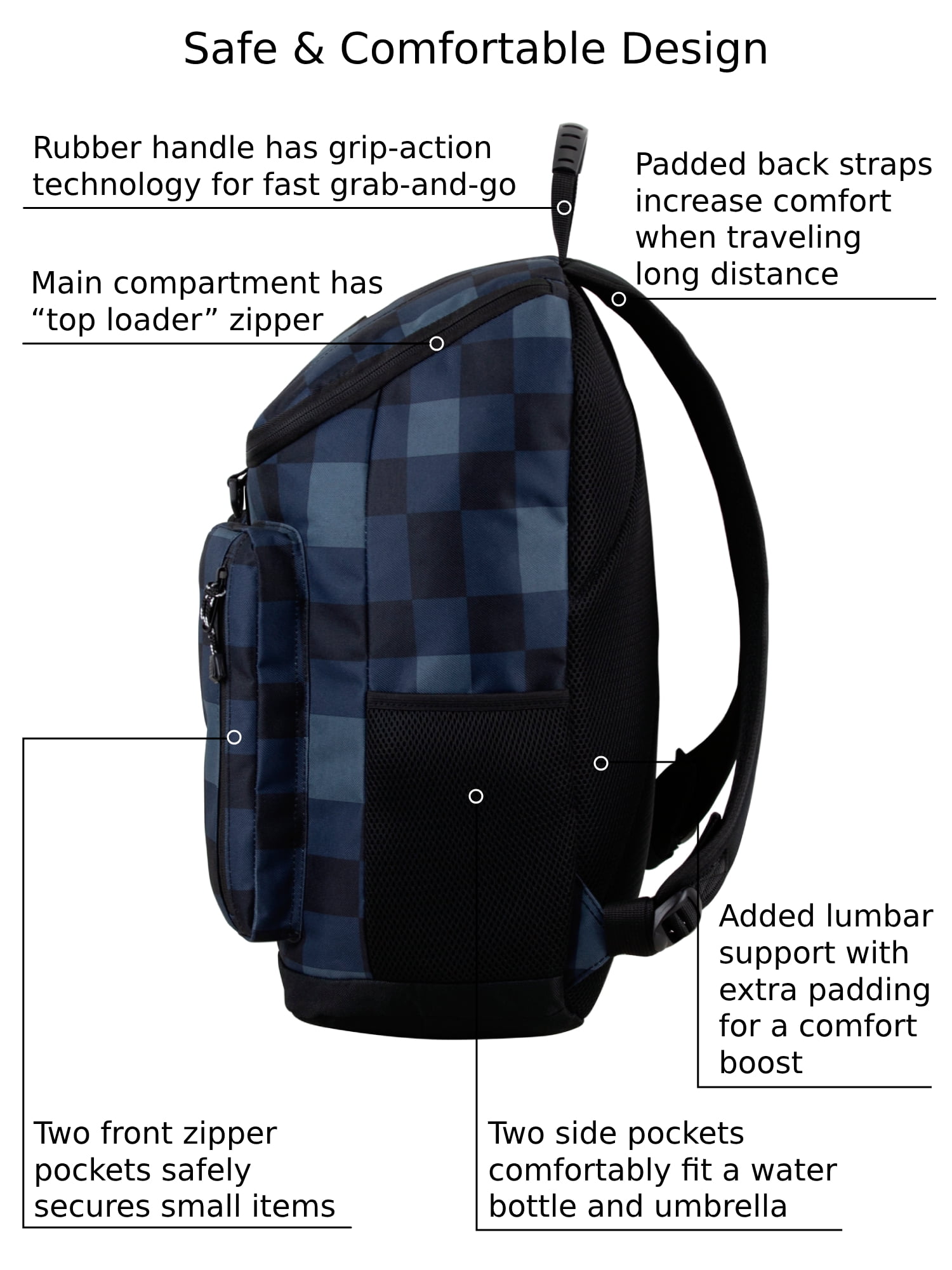 Eastsport Unisex Theo Top Loader Backpack, Blue Black Plaid