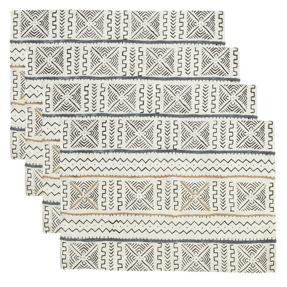 Fennco Styles Mud Cloth Design 100% Cotton Placemats 14 x 20 Inch, Set of 4 - White Multi Table Mats for Home Décor, Banquets and Special Occasion