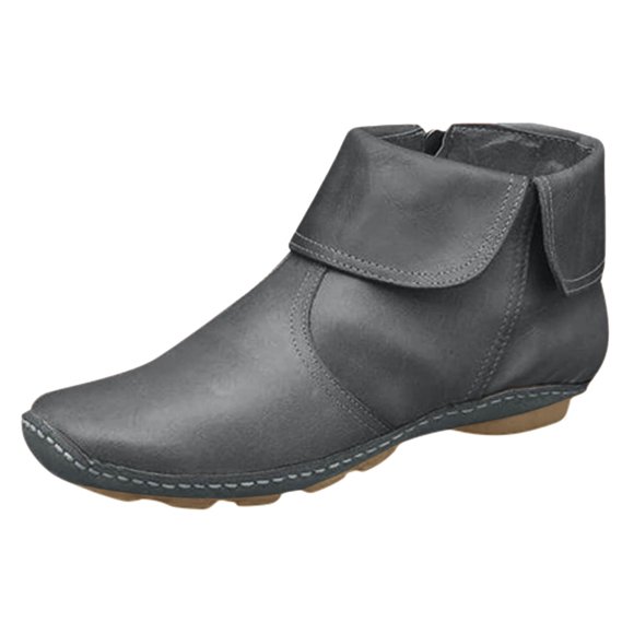 WEAIXIMIUNG Black Ankle Boots for Women Low Heel Leather Toe Flat Zip Boots Vintage Winter Round Fashion Women's Pleated Up Ankle Women's Boots