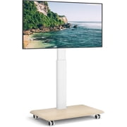 RTVR Modern Rolling TV Stand for 32 to 70 inch Screens, White Floor Portable TV Stand with Wooden Base