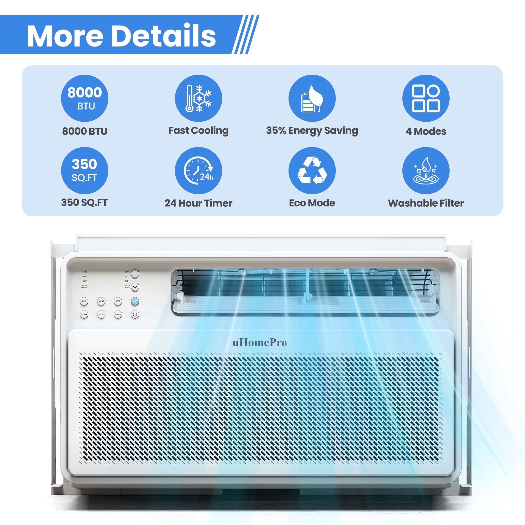 Uhomepro 10000 BTU Smart Inverter Window Air Conditioner, Cools 450 Sq.Ft with 4 Modes, Washable Filter, 35% Energy Saving, App/Remote and LED Control, 42 dB Noise for Living Room, Easy to Install