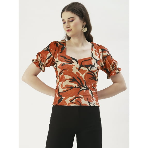 DressBerry Women's Printed Velvet Short Puffed Sleeves Sweetheart Neck Top Body Fitted Stretchable Casual Summer Wear Waist Length Regular Top