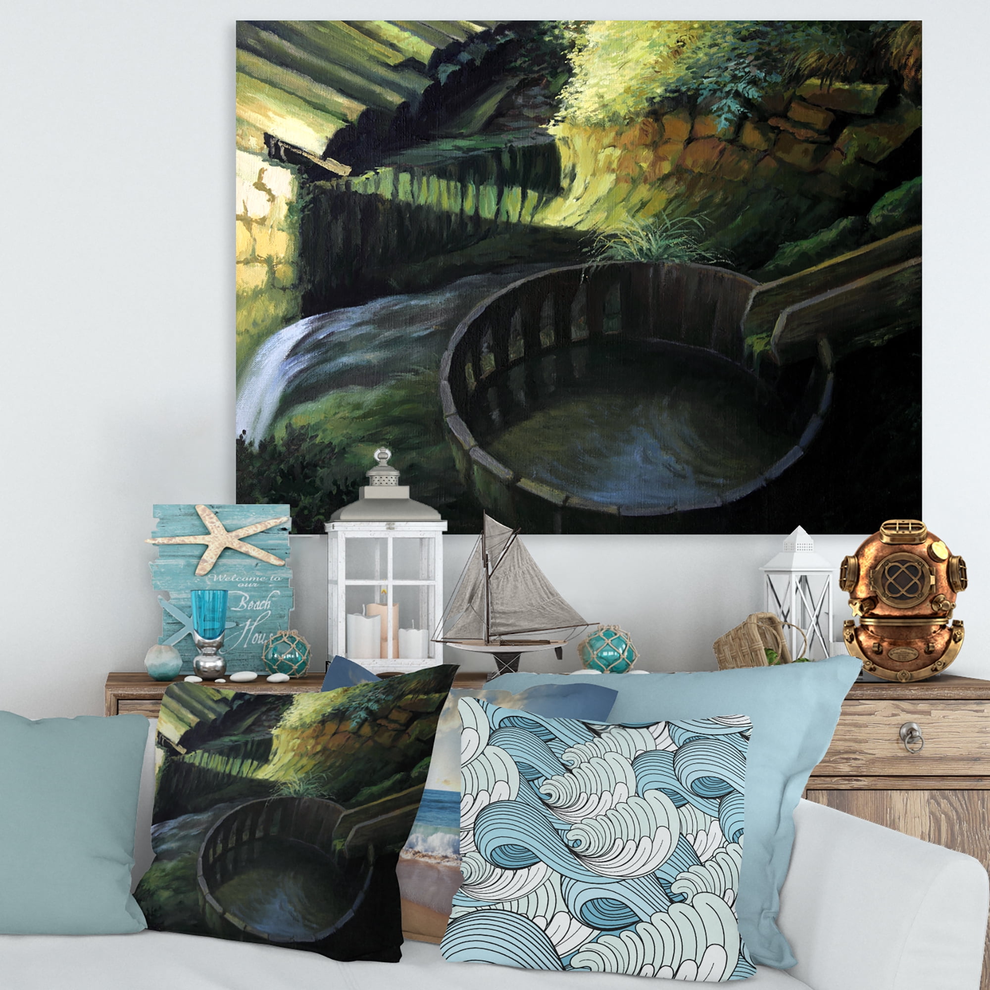 Designart ' Old Watermill In Green Nature Landscape ' Lake House Canvas Wall Art Print