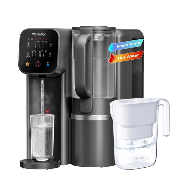 Waterdrop M6H Instant Hot Reverse Osmosis System Countertop Water Filter, 7-Stage,3:1 Pure to Drain Ratio, 5 Temperature Options, RO System with Glass Pitcher, with PT05W Pichter