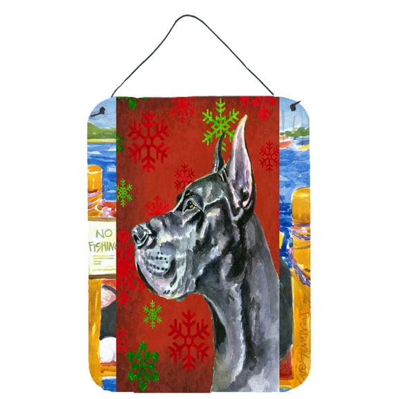 Black Great Dane Red Snowflakes Holiday Christmas Wall or Door Hanging Prints