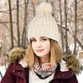 thumbnail image 5 of Muryobao Womens Winter Beanie Hat Warm Silk Satin Lined Cuffed Cable Knit Hat with Detachable Pom Ski Skull Cap Beige, 5 of 7