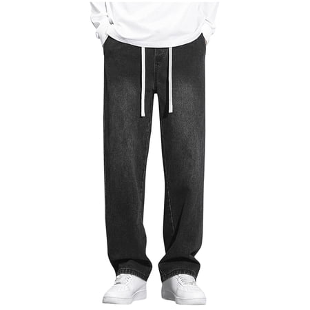 FNFYFH Mens Wide Leg Jeans Drawstring Loose Fit Denim Pants Elastic Waist Straight Leg Jean Pants