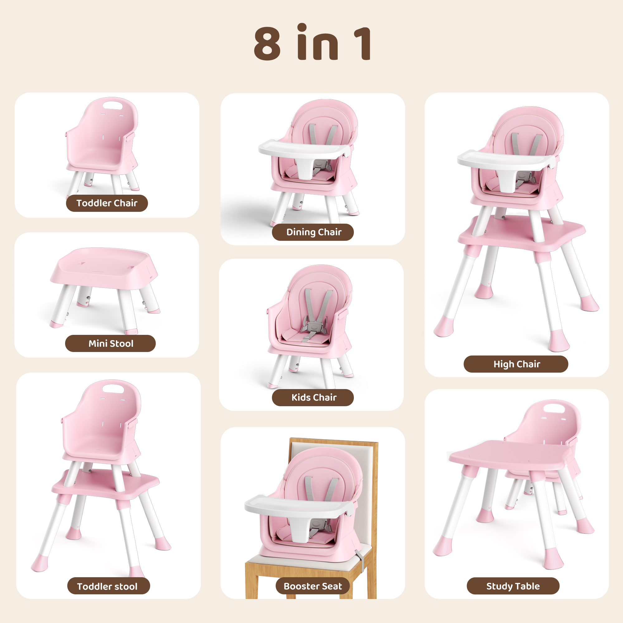 AILEEKISS 8-in-1 Baby High Chair, Pink/White photo 2