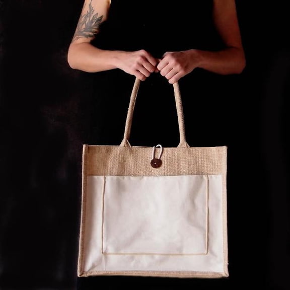 Burlap Fabric Jute Tote with Canvas Pocket - 12 x 12 x 7.75 Inch with Vinyl Lining
