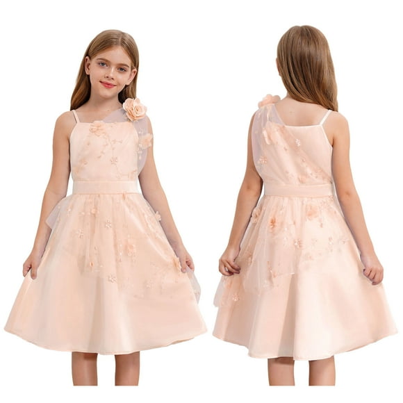 Hansber Kids Girls Formal Dress Flower Embroidery Straps Mesh Tulle Wedding Formal Birthday Dresses Apricot 8