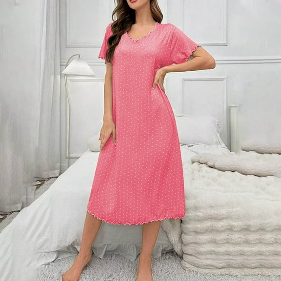 FRSASU Nightgowns for Women Soft Dress Long Sleeve Night Gowns Comfy Loungewear Mid-Calf Sleepshirts Red