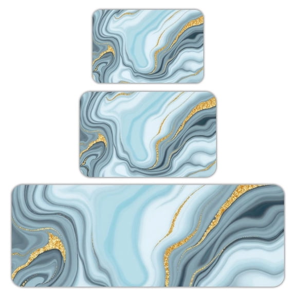 RKSupls Kitchen Rug Set 3 Piece Anti-Slip Flannel Floor Mats, Marble Blue Gold Washable Absorbent Runner Mats for Kitchen Bathroom Home Decor