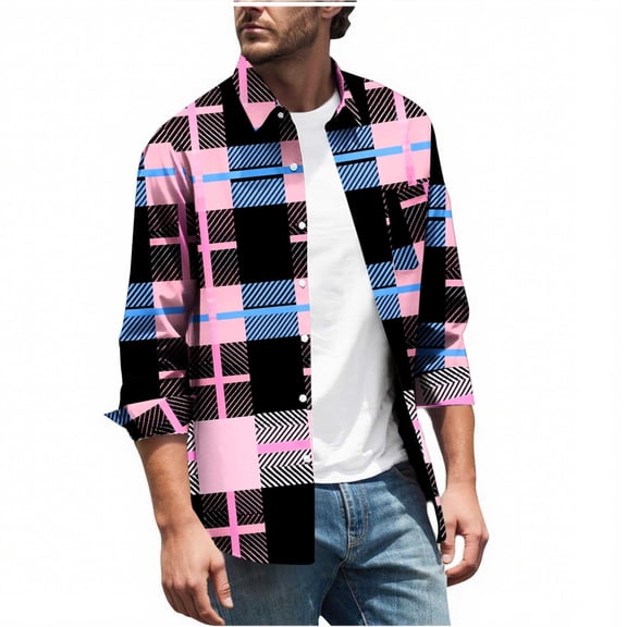 KeShDi Flannel Shirt for Men Men Casual Fashion Button Checkered Print Long Sleeve Turndown Elastic Blouse Shirt Hot Pink L