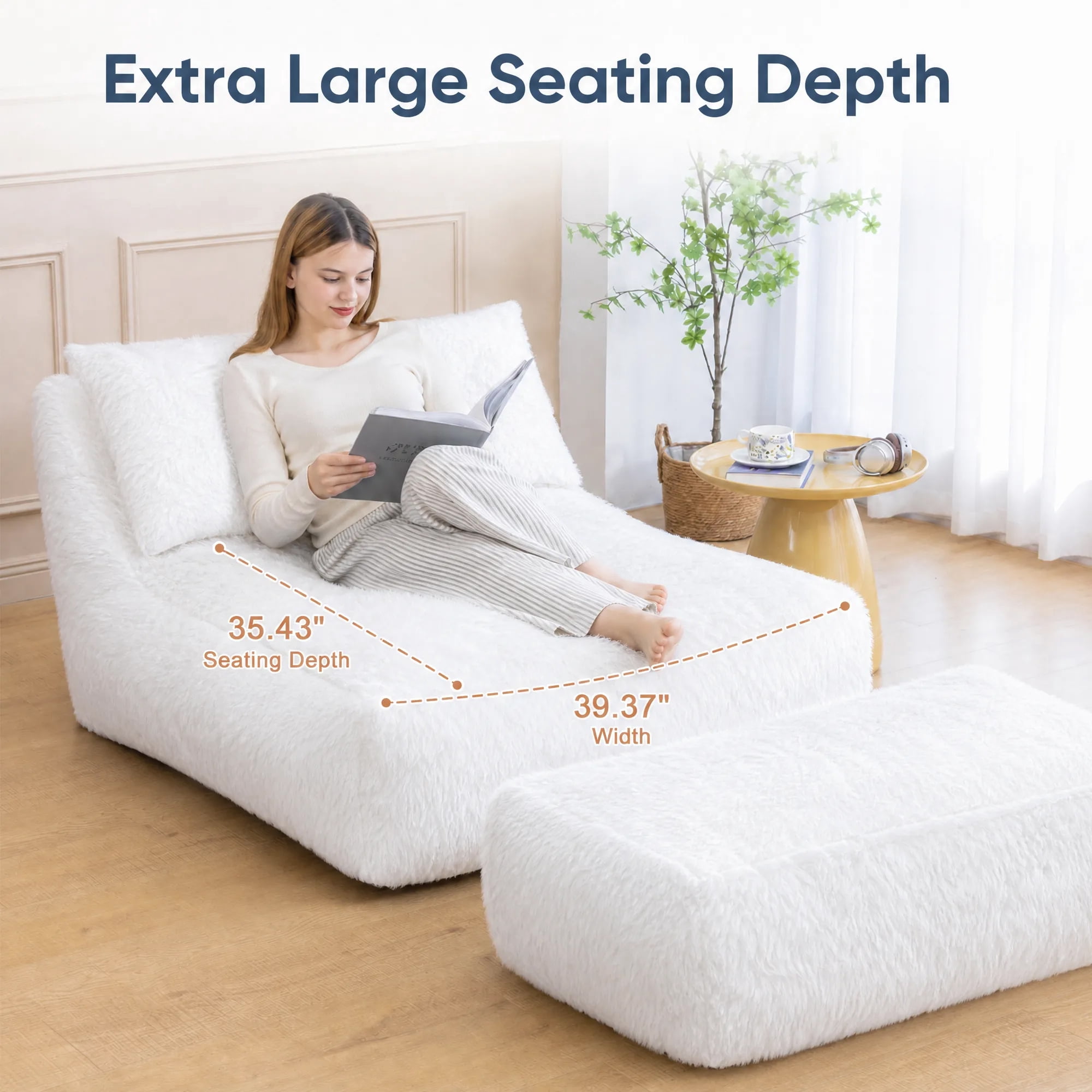 Alvantor Convertible Plush Sofa Bed with Ottoman and Pillow, Oversized Shaggy Faux Fur Floor Sofa, Foam Filled Armless Sleeper for Living Room, Bedroom, Dorm
