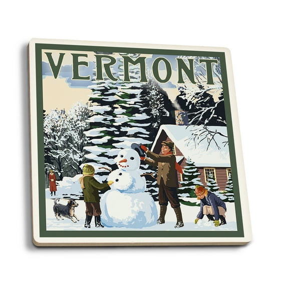 Vermont, Snowman Scene (Absorbent Ceramic Coasters Set of 4 Matching Images, Cork Back, Kitchen Table Decor)