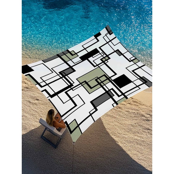 Sage Green Black Gray Sun Shade Sail 12' x 16', Abstract Geometric Stripes Squares Rectangle Outdoor Sunshade Canopy, Waterproof UV Block Patio Covers for Garden Yard Beach